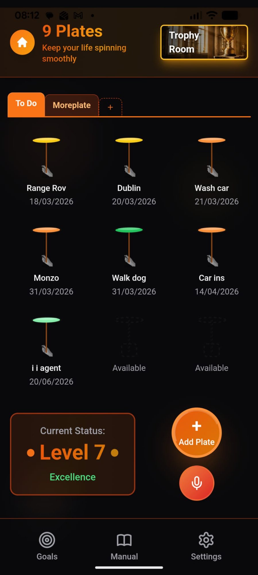 9 Plates dark mode showing spinning plates with deadlines